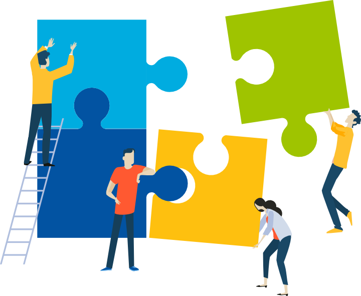 An illustration of people constructing a large jigsaw