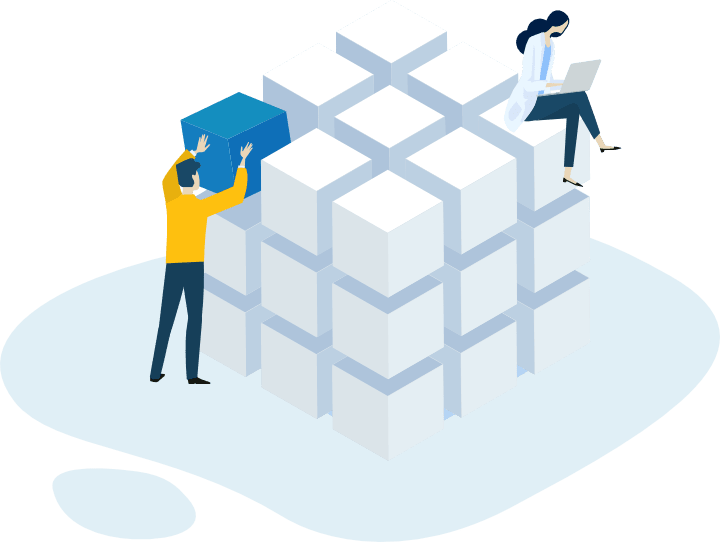 An illustration of people arrange a pile of coloured cubes