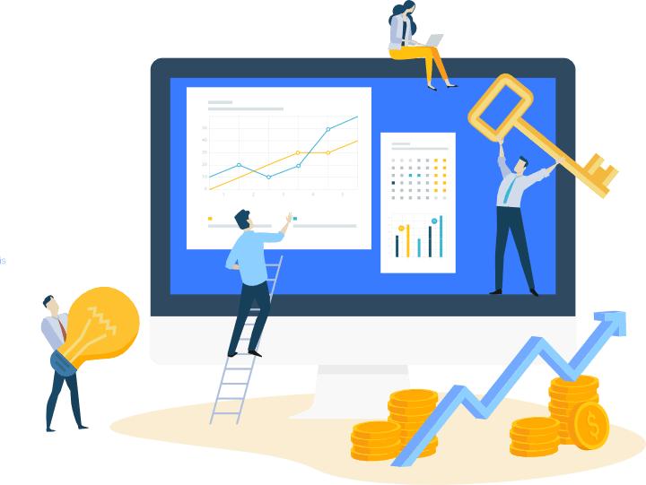 An illustration of businesspeople shaking hands and toasting success