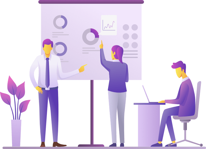 An illustration of businesspeople discussing a whiteboard chart